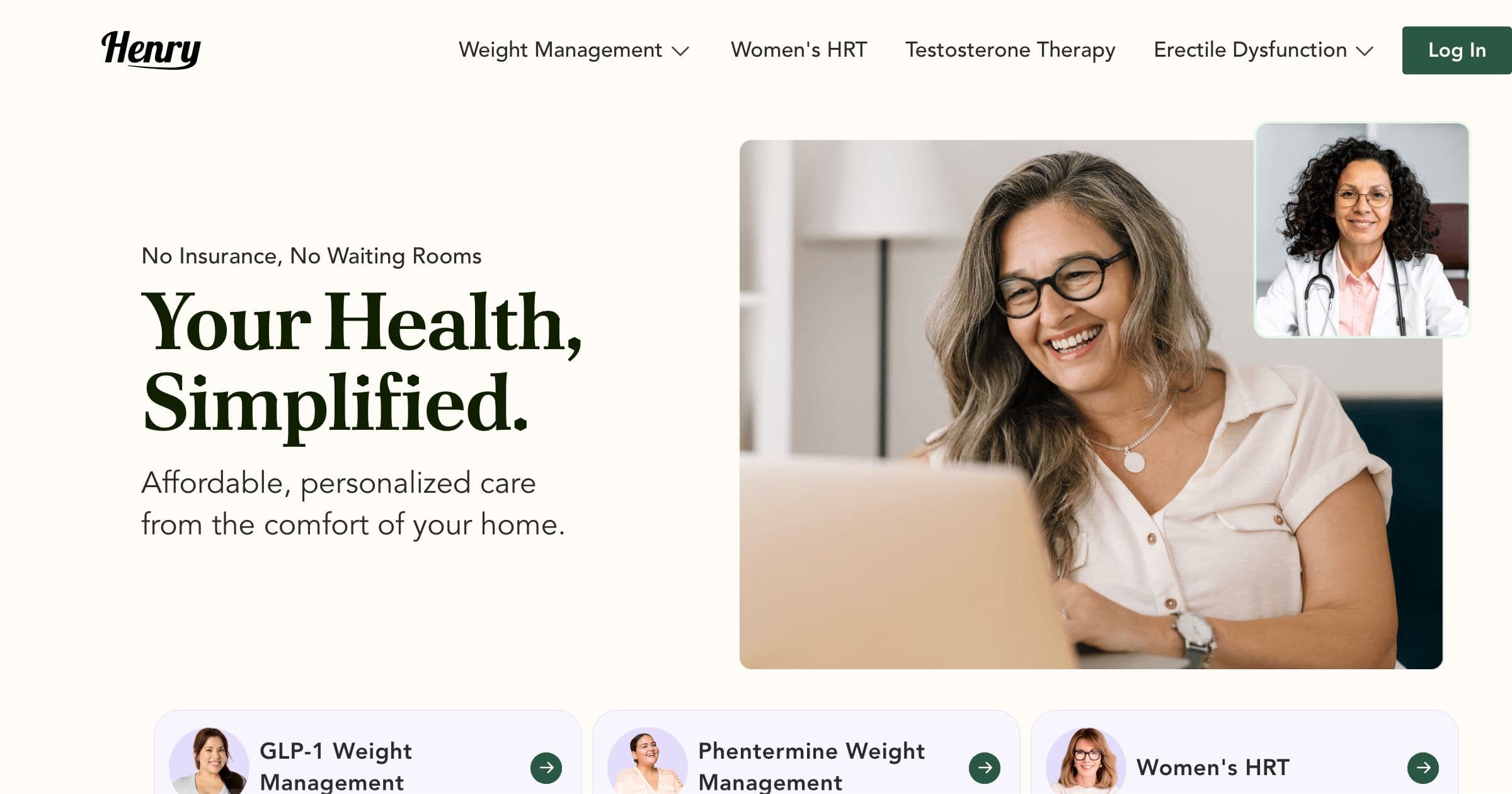 Screenshot of the henrymeds homepage as of 2026-05-08
