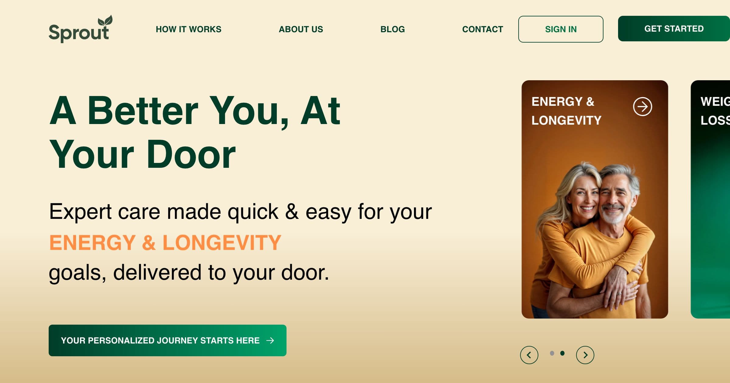 Screenshot of the sprouthealth homepage as of 2026-05-08