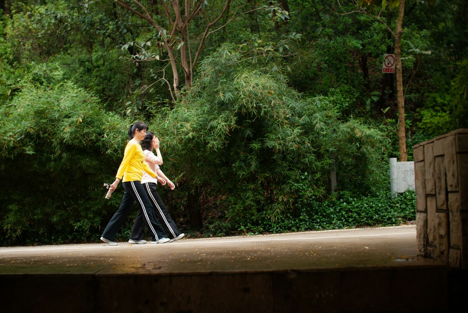 Two people walking together along a tree-lined path in athletic clothing