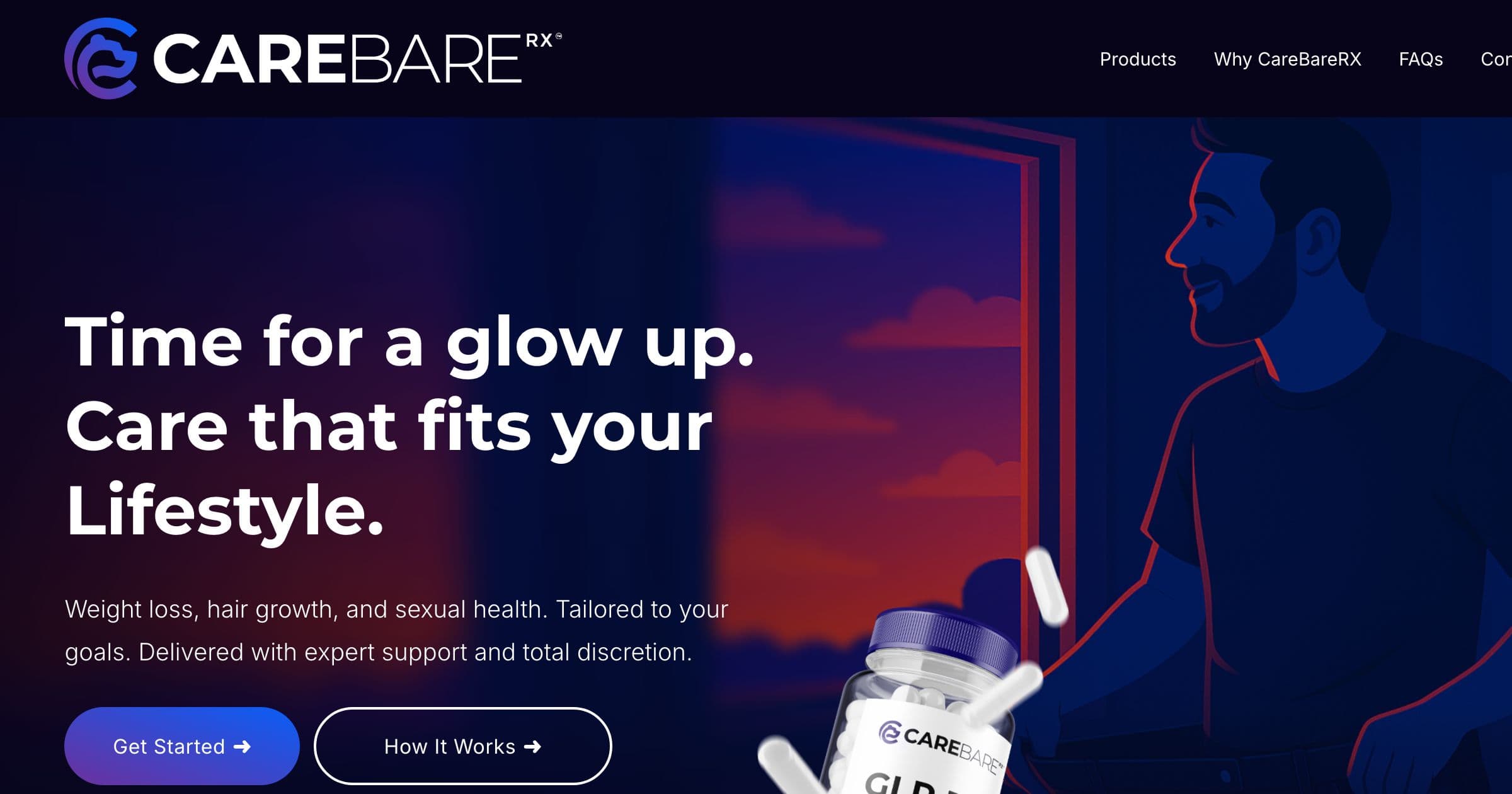 Screenshot of the carebaredx homepage as of 2026-05-08