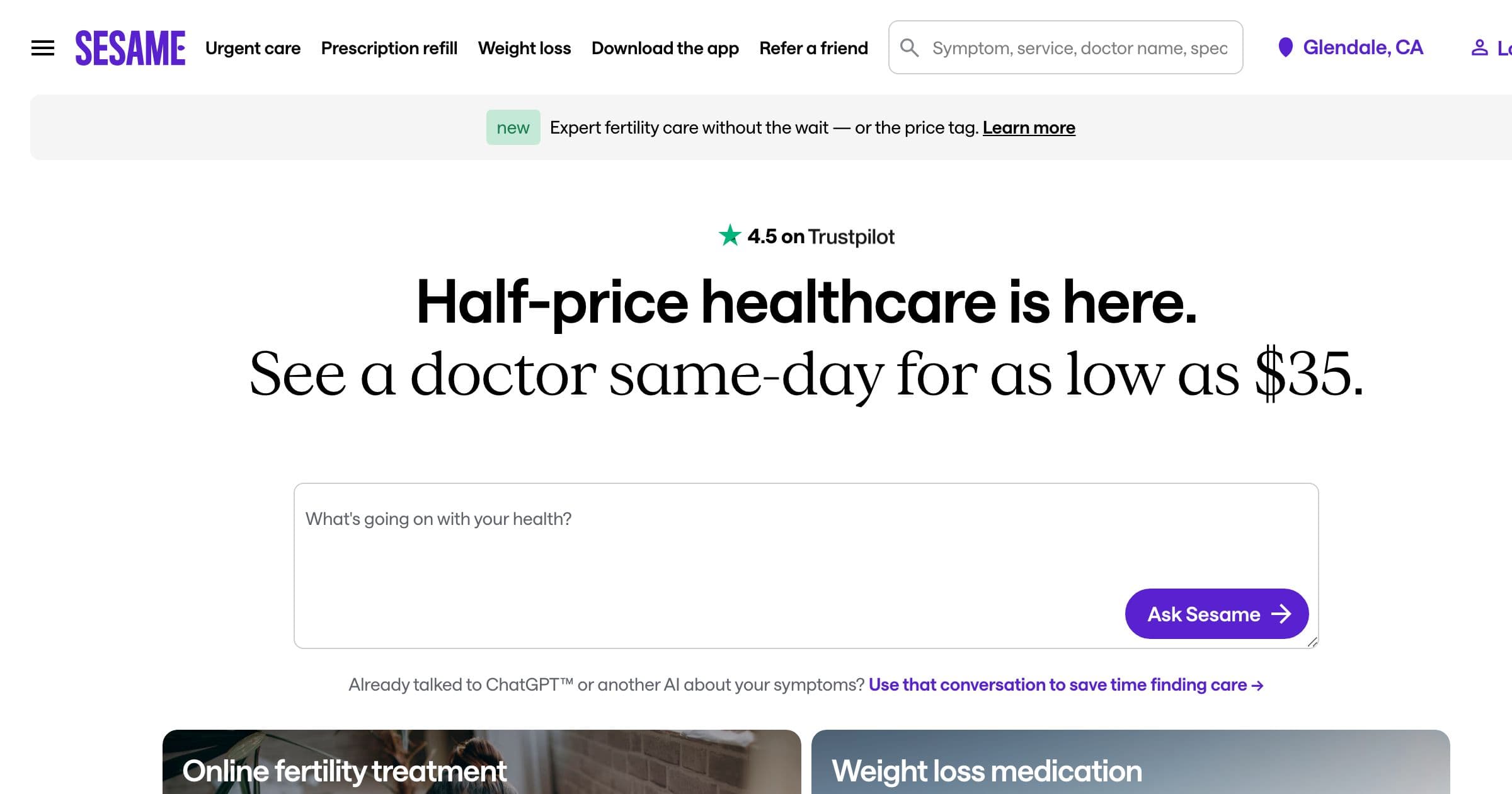 Screenshot of the sesamecare homepage as of 2026-05-08